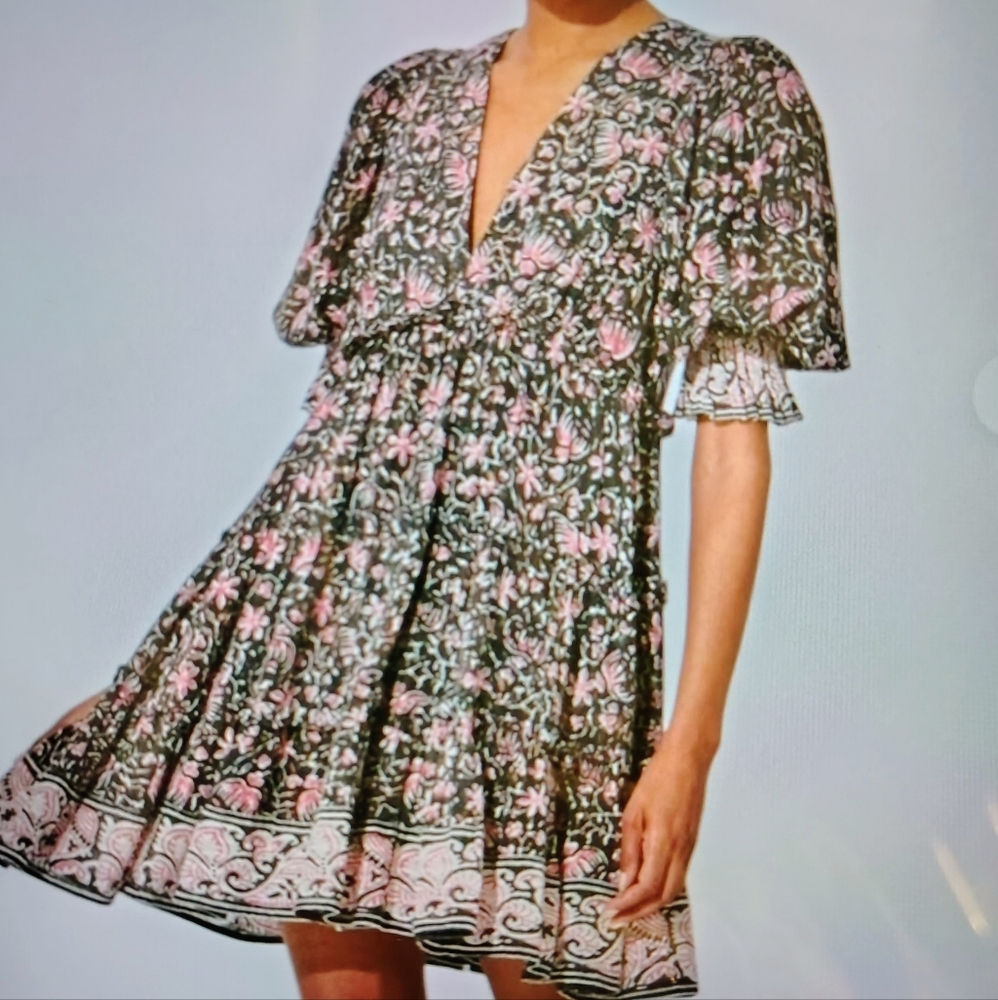 *NEW* CLEOBELLA ORGANIC COTTON FLORAL TIERED MINI DRESS w PUFF SLEEVES Size XS